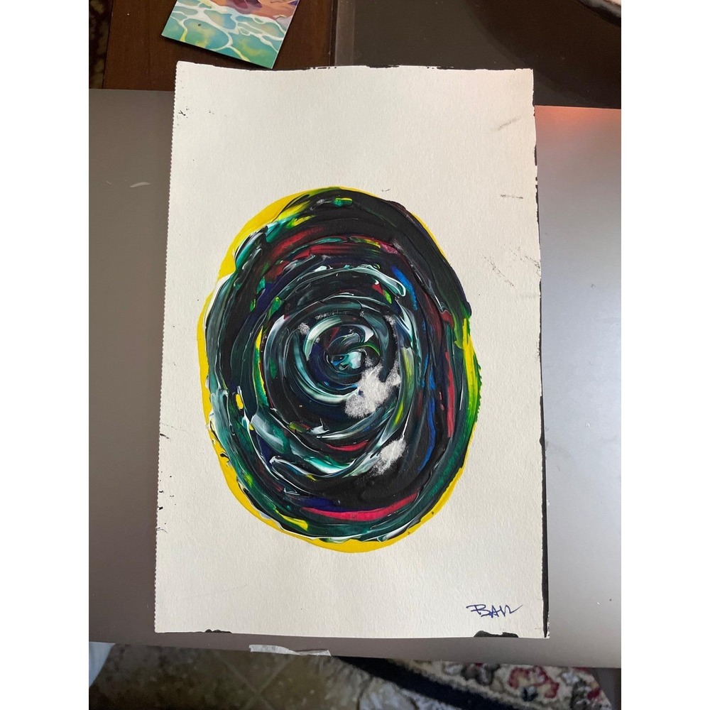 Abstract Art Swirl Painting Yellow Black Modern Acrylic on Paper‎ Signed